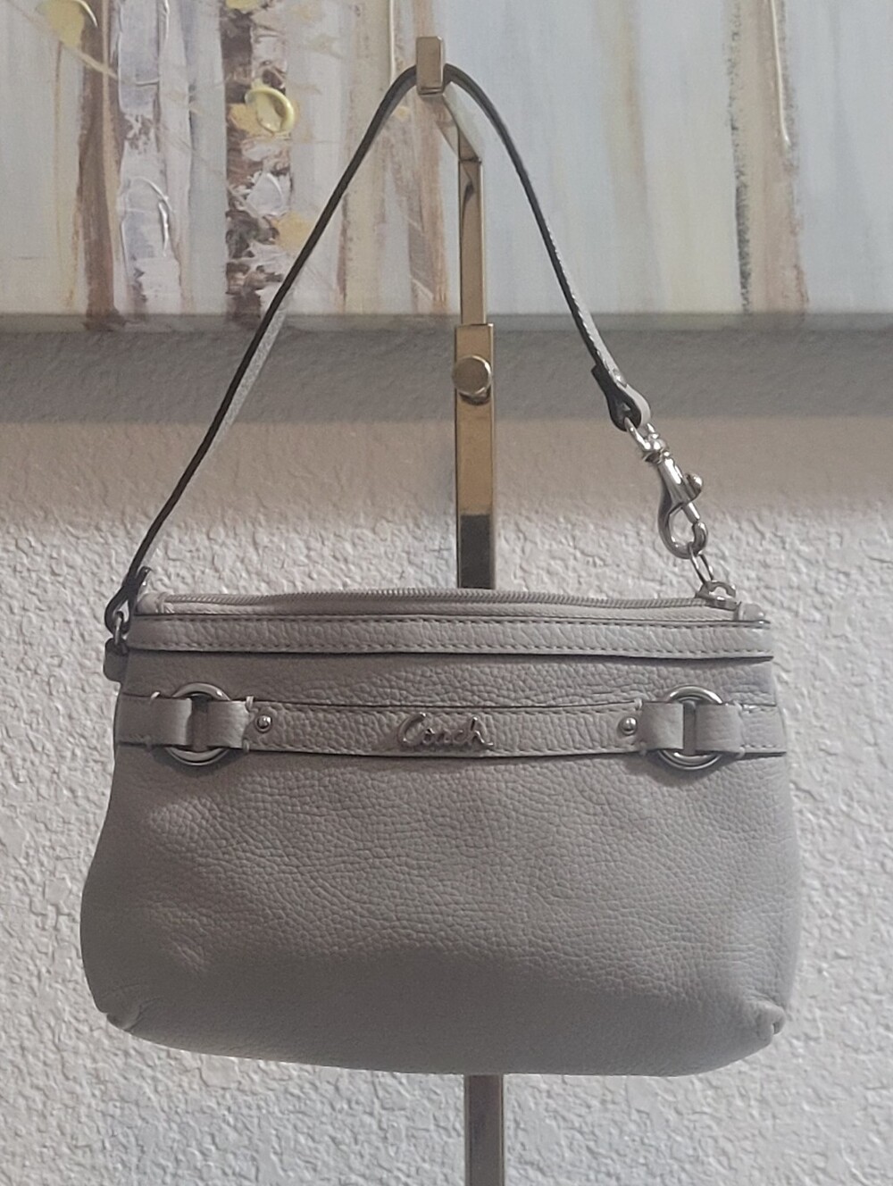 Coach Light Gray Pebbled Leather Wristlet Features Silver Hardware & Curvy Logo
